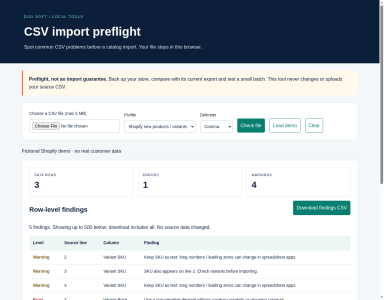 CSV Import Preflight Tool - Shopify / WooCommerce