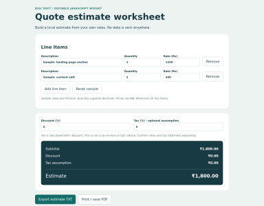 Quote Estimate JavaScript Widget - Editable Local Calculator | Digi Soft