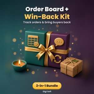 WhatsApp Order Board + Win-Back Kit Bundle – Order Tracker Sheet, UPI Payment Check & Repeat-Customer Messages