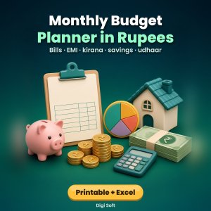Monthly Budget Planner in Rupees (₹) – Printable PDF + Excel / Google Sheets: Household Expense Tracker, EMI & Bill Tracker, Savings Goals, Udhaar Register