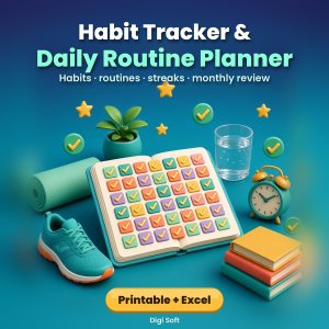 Habit Tracker & Daily Routine Planner – Printable PDF + Excel / Google Sheets: Monthly Habit Tracker, Morning Routine, 30-Day Challenge, Undated