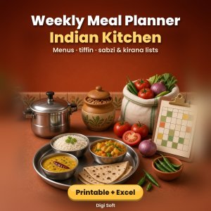 Weekly Meal Planner for the Indian Kitchen – Printable PDF + Excel / Google Sheets: Menu Planner, Tiffin Planner, Sabzi & Kirana Grocery List