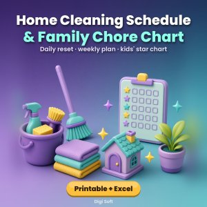Home Cleaning Schedule & Family Chore Chart – Printable PDF + Excel / Google Sheets: Daily, Weekly & Monthly Cleaning Checklist, Kids' Star Chart
