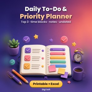 Daily To-Do & Priority Planner – Printable PDF + Excel / Google Sheets: Daily Planner Template, To Do List, Time Blocking, Undated