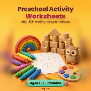 Preschool Activity Worksheets PDF – Ages 3–5: Alphabet & Number Tracing 1–20, Shapes, Colours, Pencil Control, Nursery Worksheets (28 Pages)