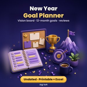 New Year Goal Planner (Undated) – Printable PDF + Excel / Google Sheets: Vision Board, Yearly Goals, Monthly Goal Pages, Habit Tracker, Year Review