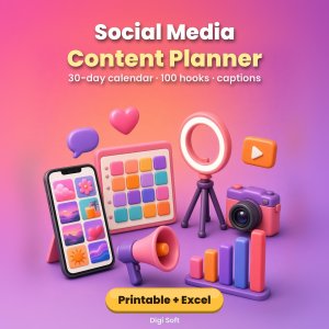 Social Media Content Planner with 100 Hooks – Printable PDF + Excel / Google Sheets: 30-Day Content Calendar, Reel Script Planner, Caption Templates