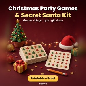 Christmas Party Games & Secret Santa Kit – Printable PDF + Excel / Google Sheets: Bingo, Quiz, Word Games, Gift Tags & Secret Santa Generator