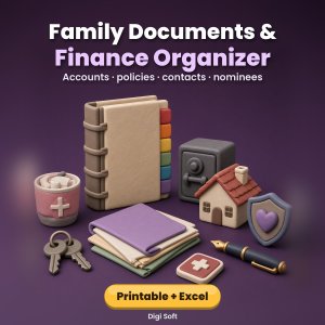 Family Important Documents & Finance Organizer – Printable PDF + Excel / Google Sheets: Bank, Insurance, Investments, Nominees & Renewals