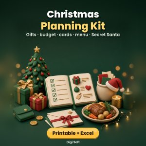 Christmas Planning Kit 2026 – Printable PDF + Excel / Google Sheets: Budget in ₹ or $, Gift Tracker, Secret Santa, Card List, Menu & Countdown