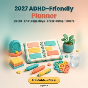 2027 ADHD-Friendly Planner – Dated Printable PDF + Excel / Google Sheets: Brain Dump, Top 3, Weekly Pages, Routines & Habit Tracker