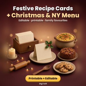 Festive Recipe Cards + Christmas & New Year's Eve Menu Cards – Printable PDF + Editable Word + Excel Menu Planner (8 Indian Christmas Recipes)