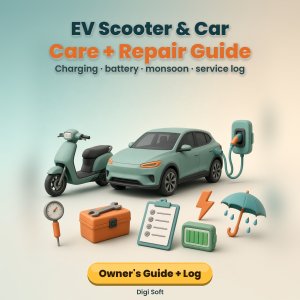 EV Scooter & Car Care + Repair Guide (India) – Printable PDF + Excel Service, Charging & Cost Tracker: Battery, Charging, Monsoon, Warning Signs